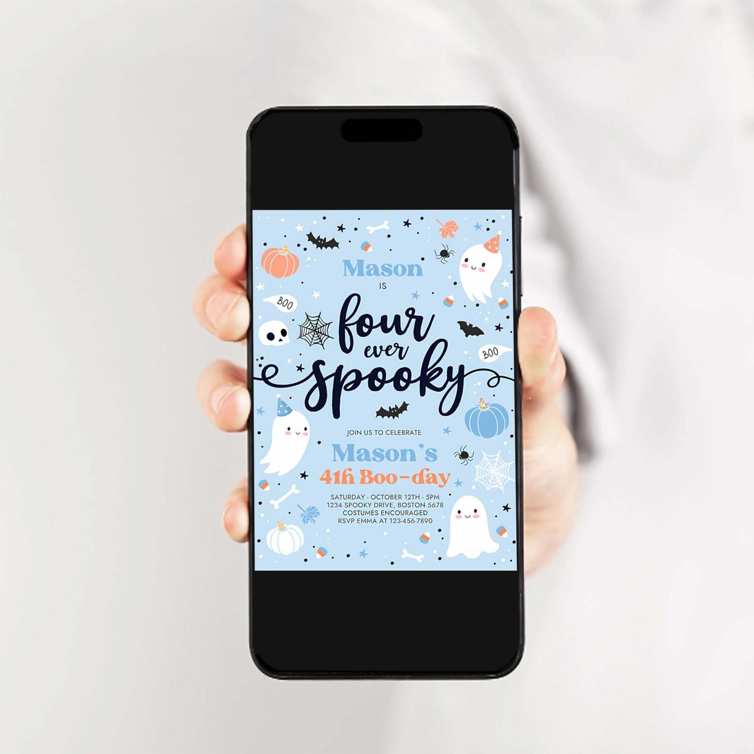 Editable four ever spooky halloween ghost 4th birthday party invitation blue ghost 4th birthday spooktacular party instant download dw 2