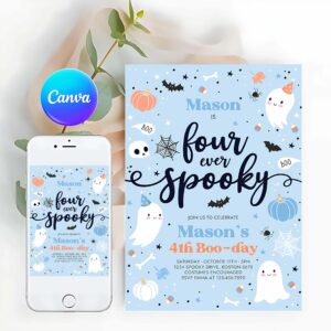 Four Ever Spooky Invitation, Four Ever Spooky Halloween Ghost 4th Birthday Party Invitation Blue Ghost 4th Birthday Spooktacular Party