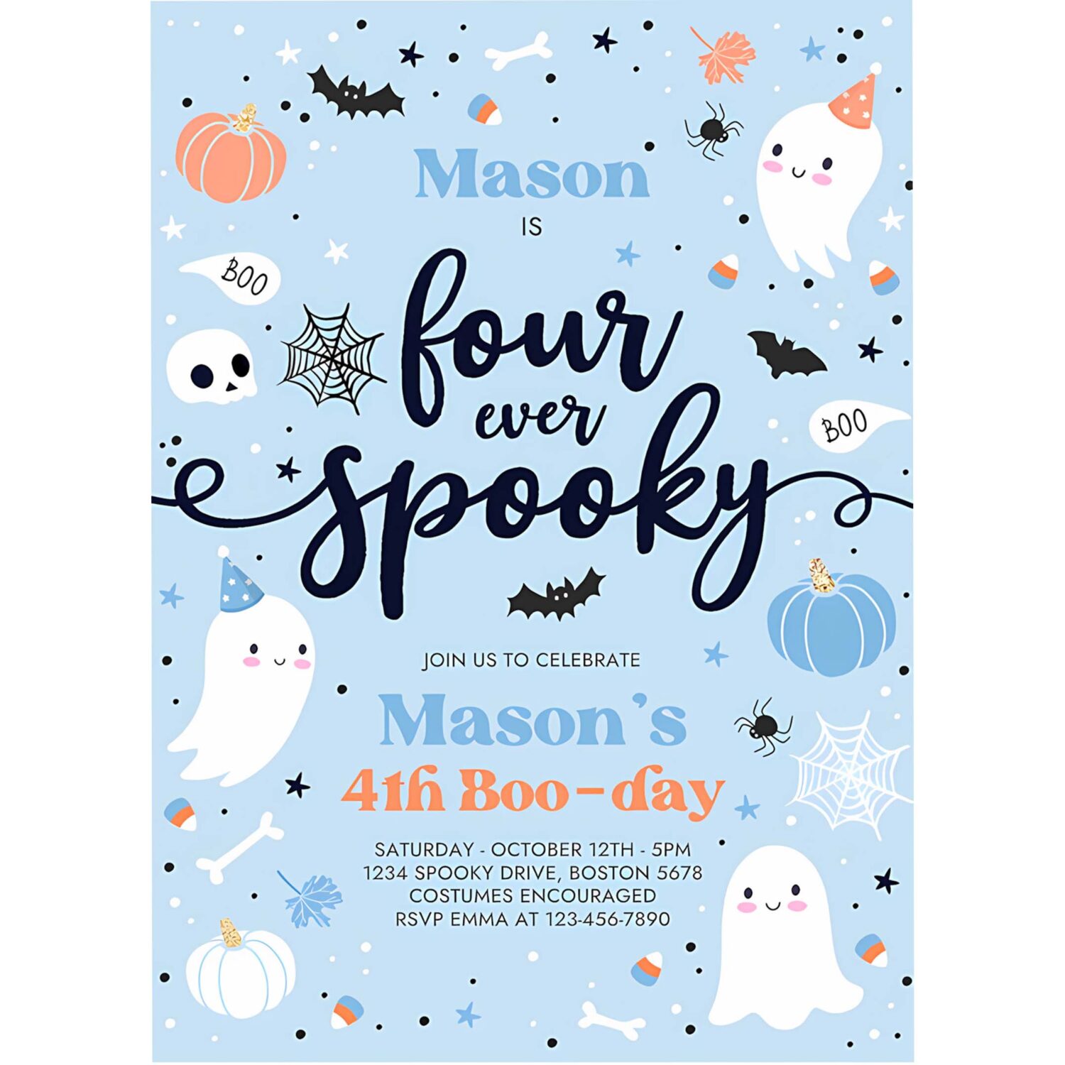Editable four ever spooky halloween ghost 4th birthday party invitation blue ghost 4th birthday spooktacular party instant download dw 4