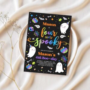 Editable four ever spooky halloween ghost 4th birthday party invitation blue ghost 4th birthday spooktacular party instant download fg 1