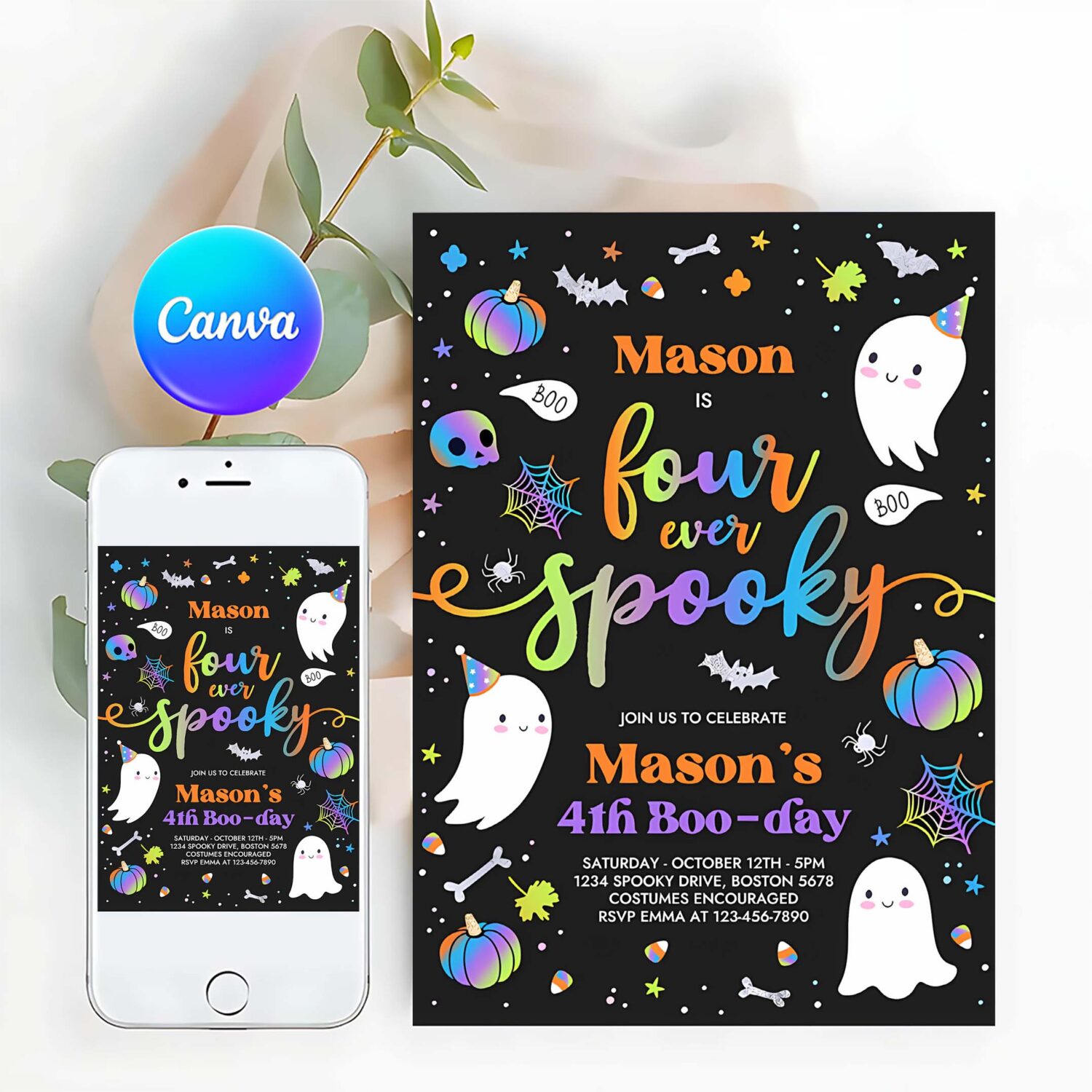 Editable four ever spooky halloween ghost 4th birthday party invitation blue ghost 4th birthday spooktacular party instant download fg