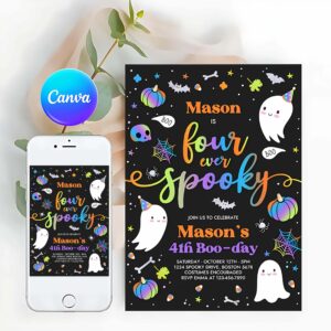 Four Ever Spooky Invitation, Four Ever Spooky Halloween Ghost 4th Birthday Party Invitation Blue Ghost 4th Birthday Spooktacular Party