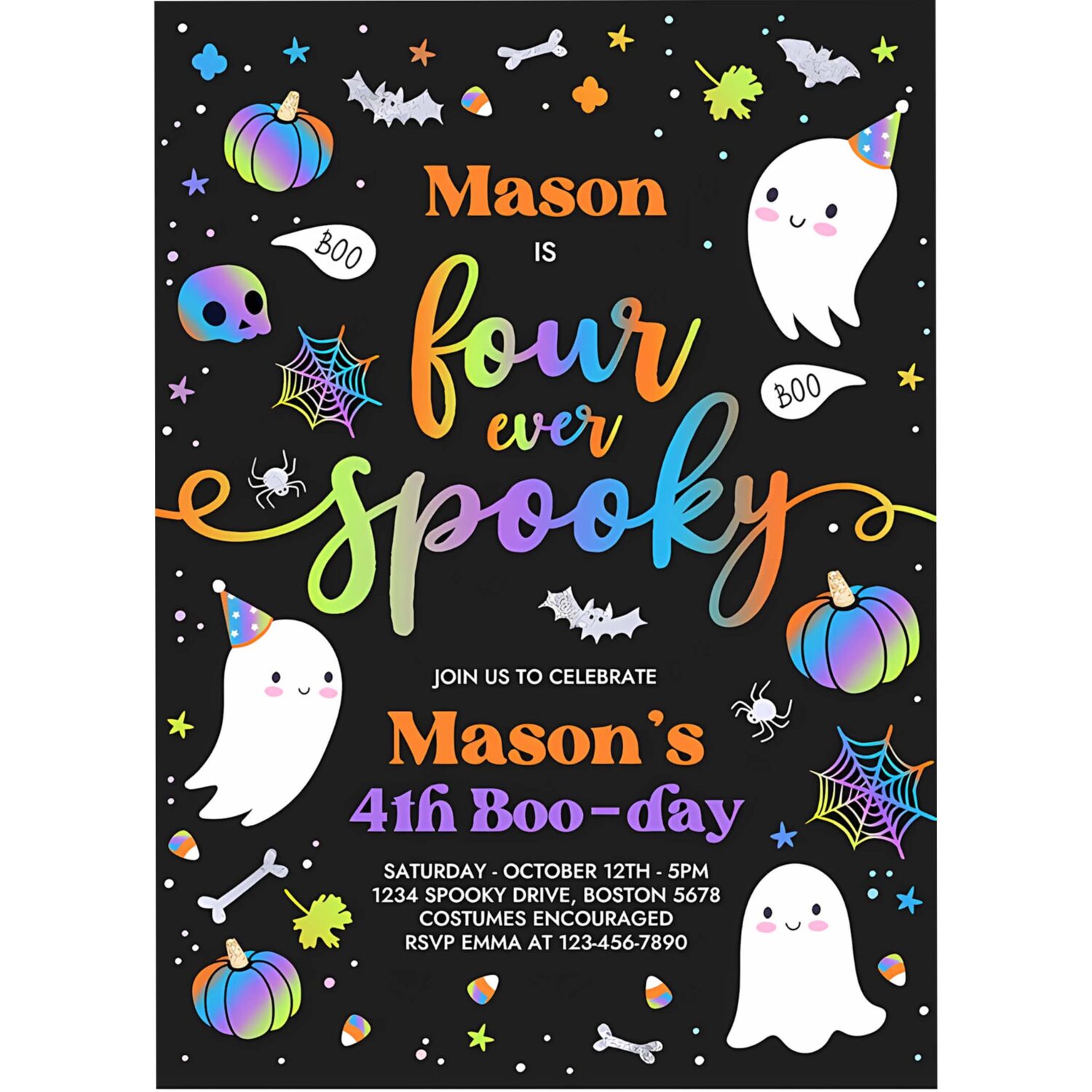 Editable four ever spooky halloween ghost 4th birthday party invitation blue ghost 4th birthday spooktacular party instant download fg 4