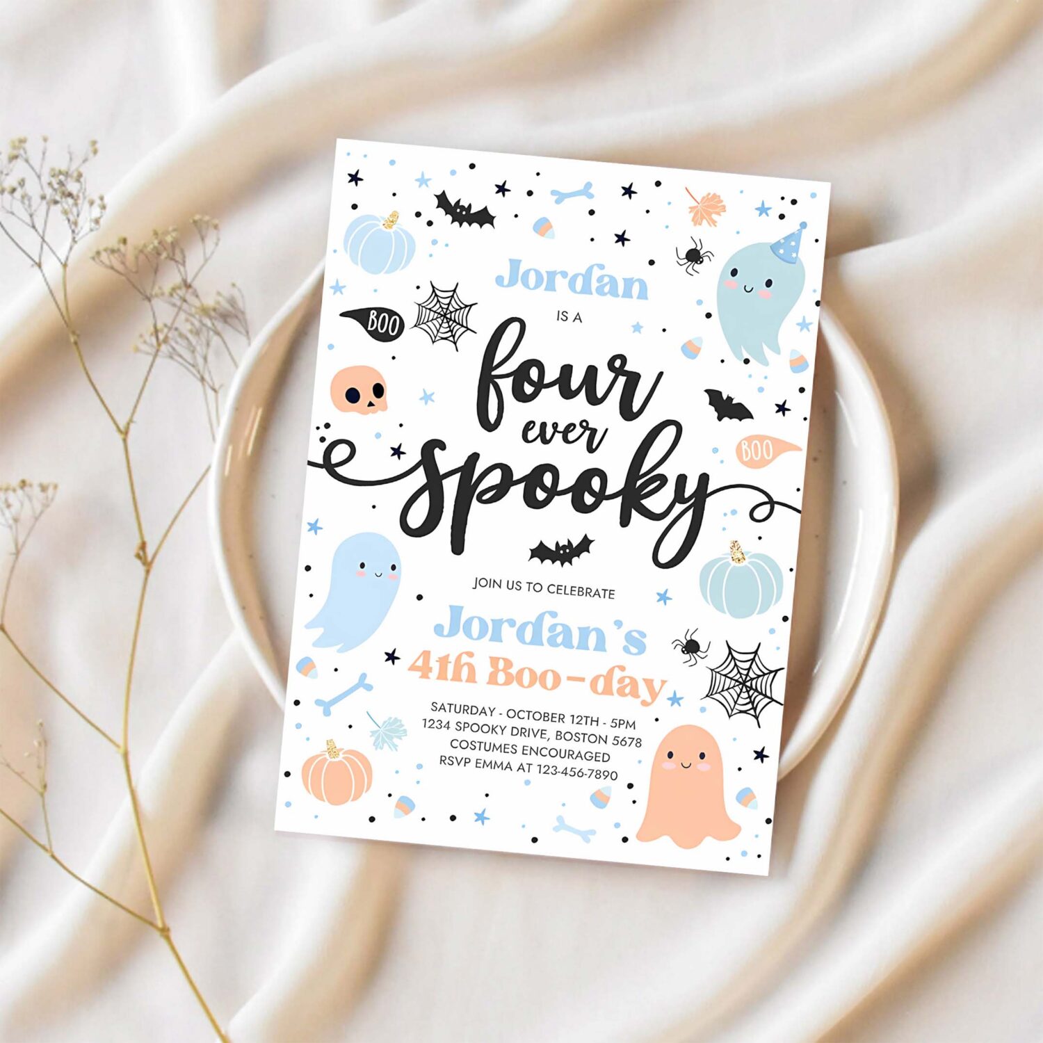 Editable four ever spooky halloween ghost 4th birthday party invitation blue ghost 4th birthday spooktacular party instant download g62 1