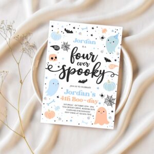 Editable four ever spooky halloween ghost 4th birthday party invitation blue ghost 4th birthday spooktacular party instant download g62 1