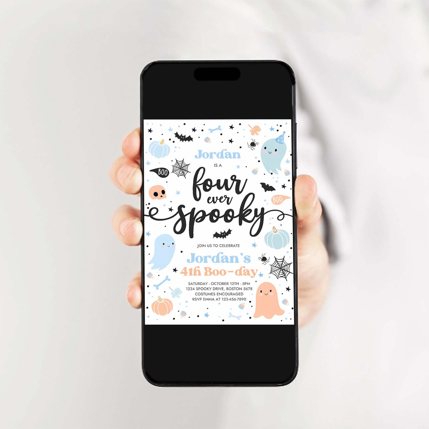 Editable four ever spooky halloween ghost 4th birthday party invitation blue ghost 4th birthday spooktacular party instant download g62 2