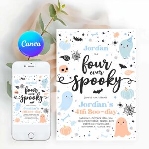 Four Ever Spooky Invitation, Four Ever Spooky Halloween Ghost 4th Birthday Party Invitation Blue Ghost 4th Birthday Spooktacular Party