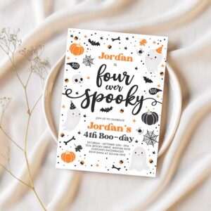 Editable four ever spooky halloween ghost 4th birthday party invitation blue ghost 4th birthday spooktacular party instant download g8 1