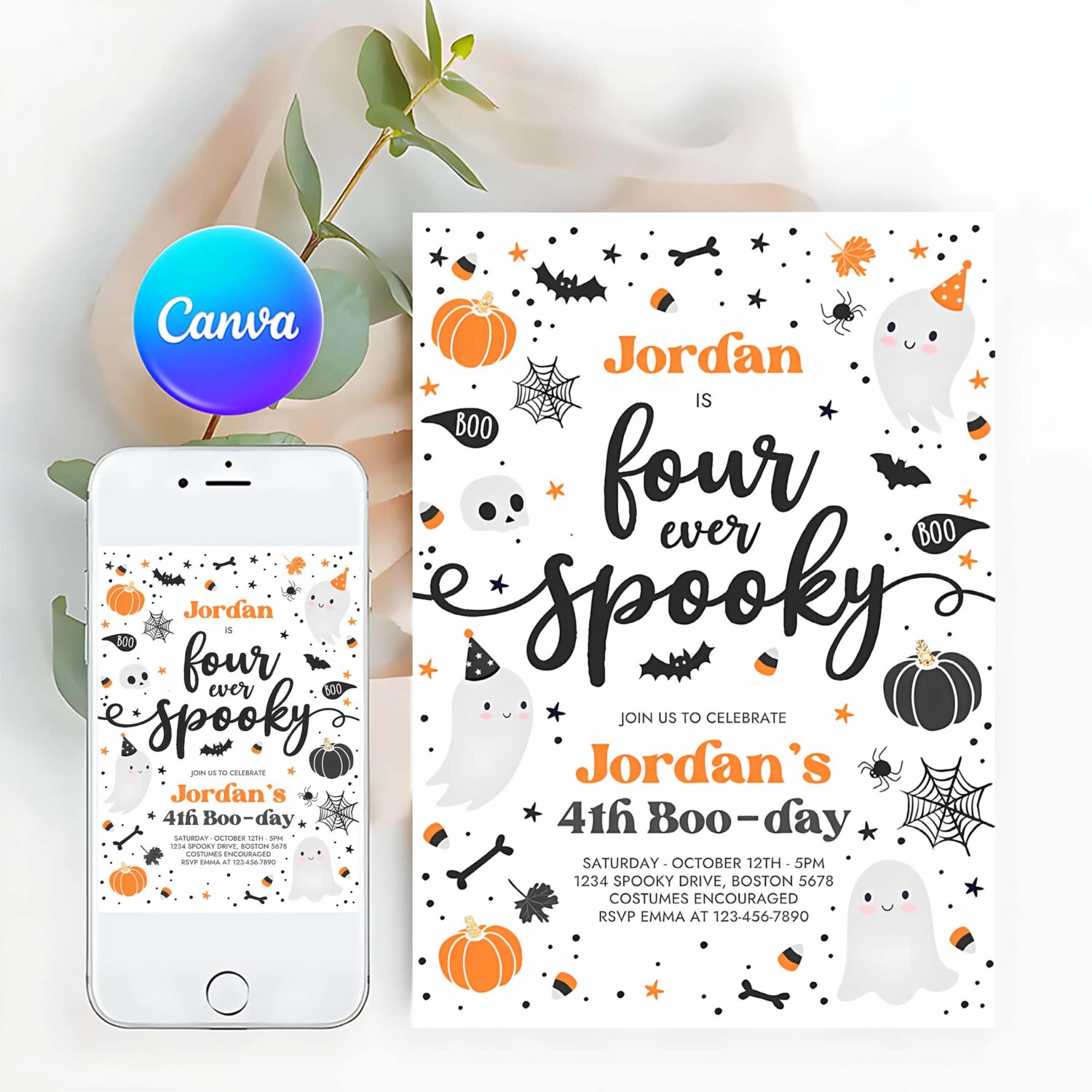Editable four ever spooky halloween ghost 4th birthday party invitation blue ghost 4th birthday spooktacular party instant download g8