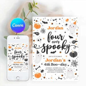 Four Ever Spooky Invitation, Four Ever Spooky Halloween Ghost 4th Birthday Party Invitation Blue Ghost 4th Birthday Spooktacular Party