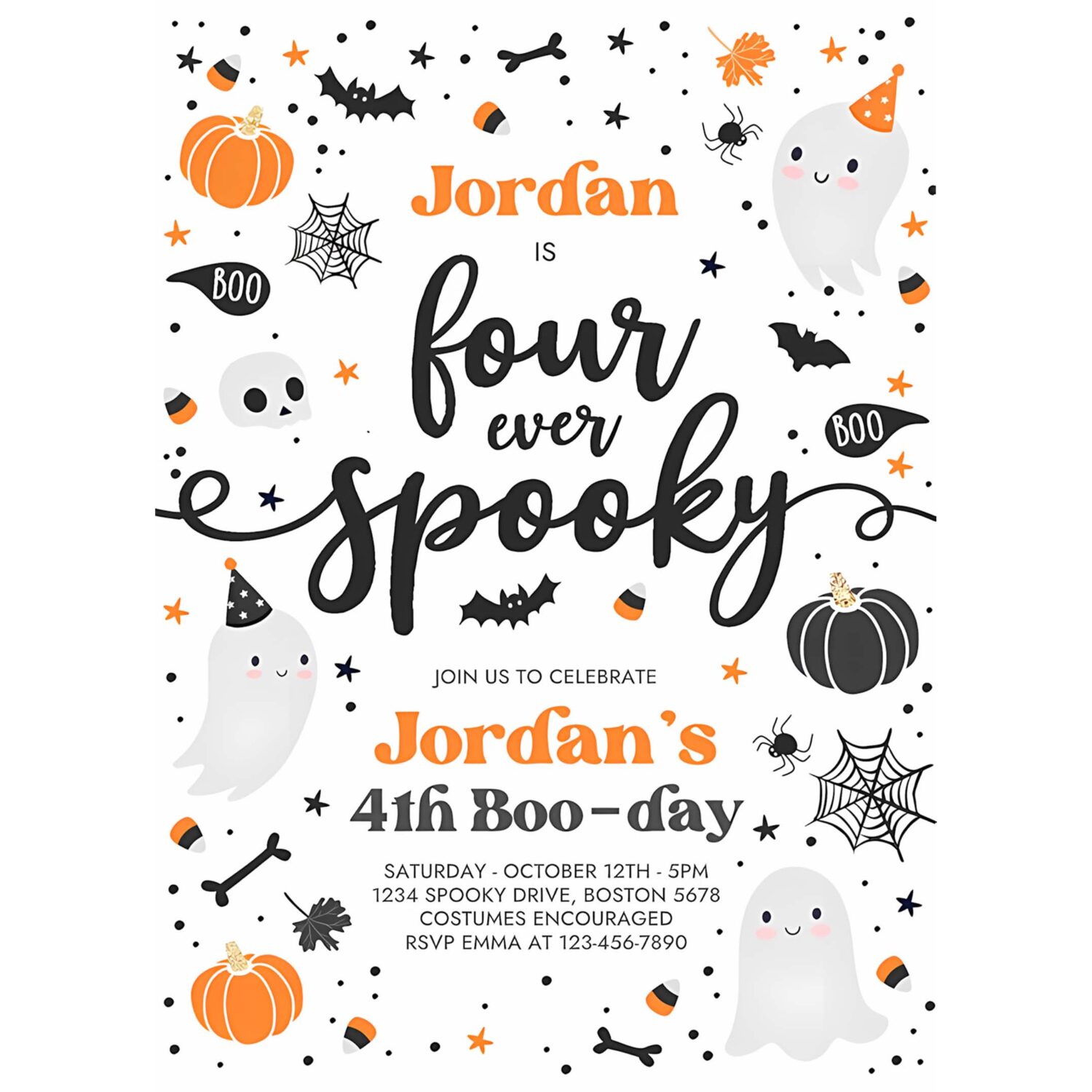 Editable four ever spooky halloween ghost 4th birthday party invitation blue ghost 4th birthday spooktacular party instant download g8 4
