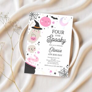 Editable four ever spooky halloween ghost 4th birthday party invitation boho groovy ghost halloween birthday party instant download 42w 1