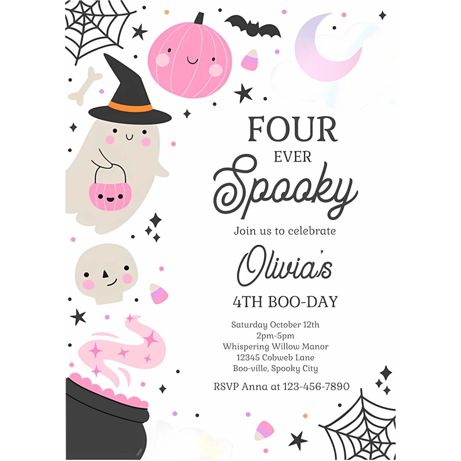 Editable four ever spooky halloween ghost 4th birthday party invitation boho groovy ghost halloween birthday party instant download 42w 4