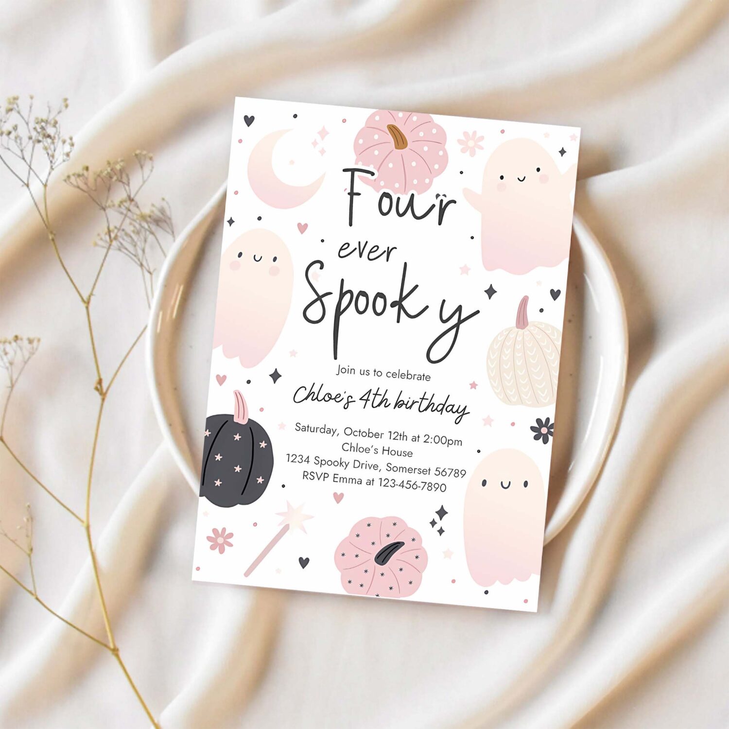 Editable four ever spooky halloween ghost 4th birthday party invitation boho groovy ghost halloween birthday party instant download 43f 1
