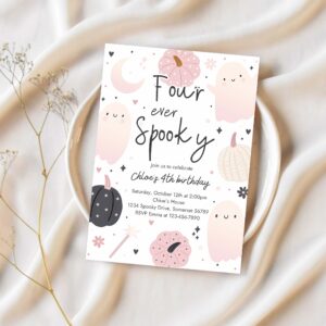 Editable four ever spooky halloween ghost 4th birthday party invitation boho groovy ghost halloween birthday party instant download 43f 1