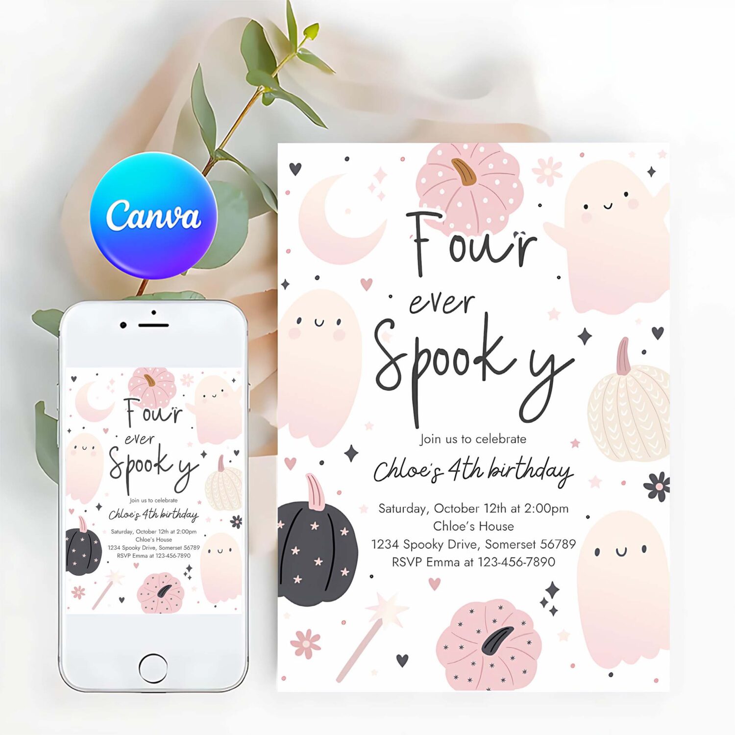 Editable four ever spooky halloween ghost 4th birthday party invitation boho groovy ghost halloween birthday party instant download 43f