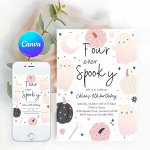 Four Ever Spooky Invitation, Four Ever Spooky Halloween Ghost 4th Birthday Party Invitation Boho Groovy Ghost Halloween Birthday Party