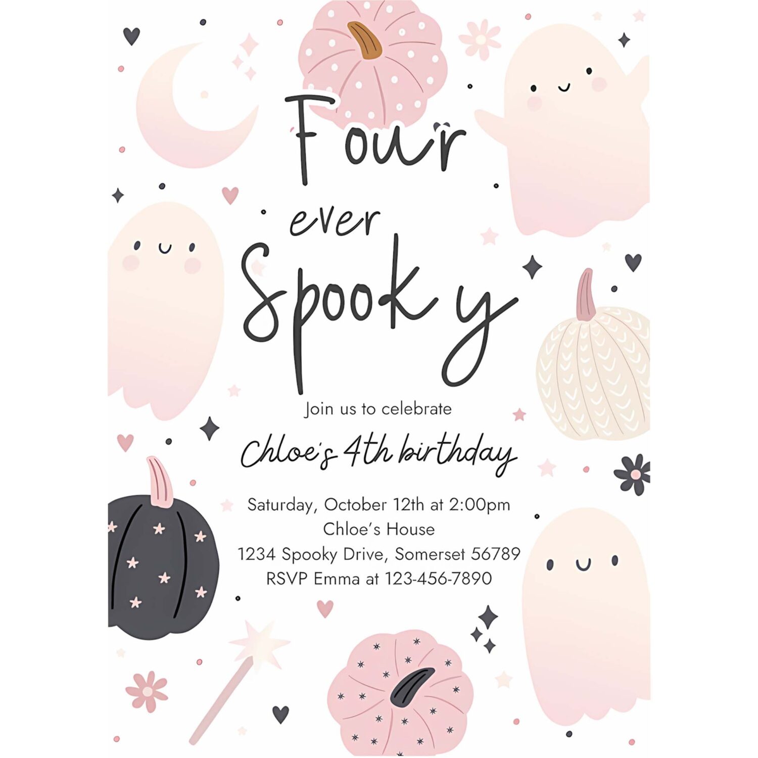 Editable four ever spooky halloween ghost 4th birthday party invitation boho groovy ghost halloween birthday party instant download 43f 4