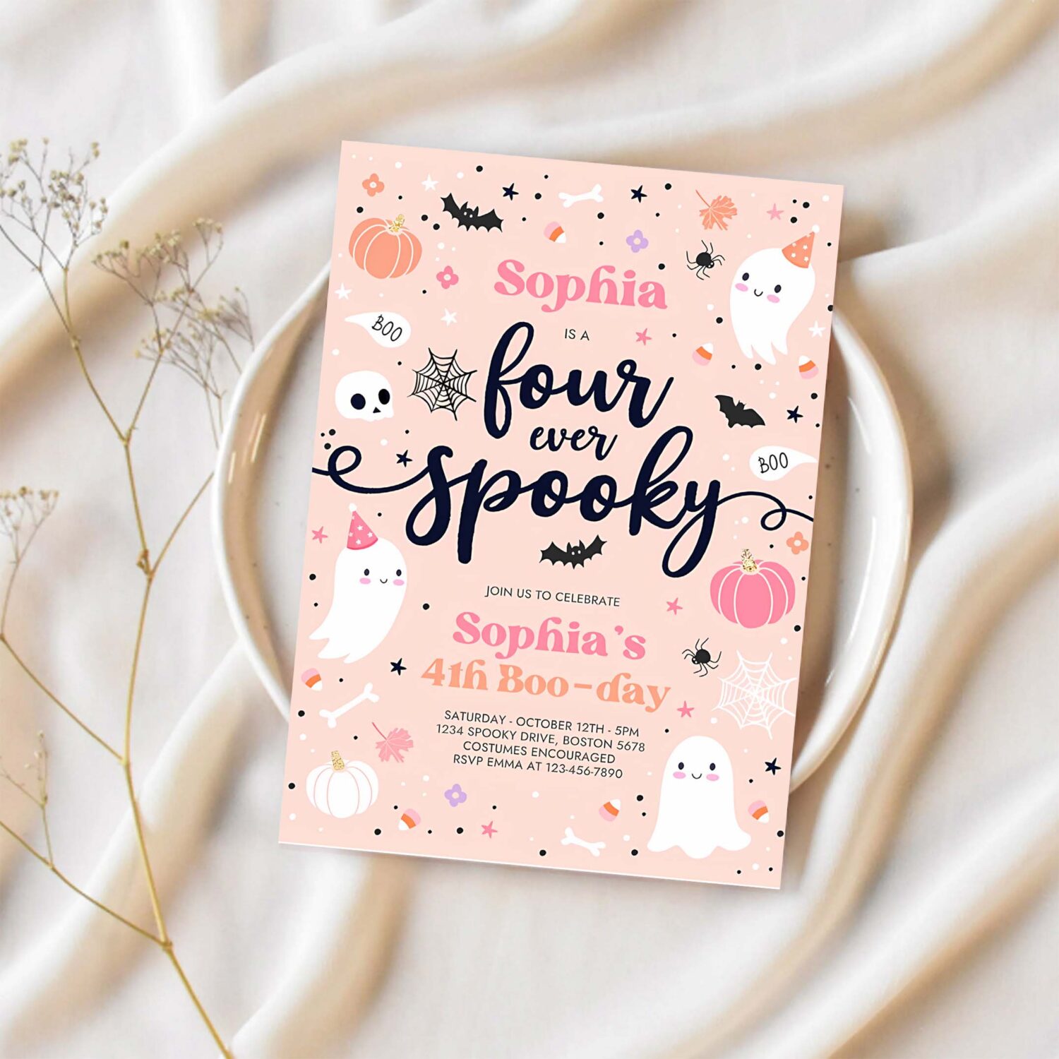 Editable four ever spooky halloween ghost 4th birthday party invitation cute pink ghost 3rd birthday spooktacular party instant download ds 1