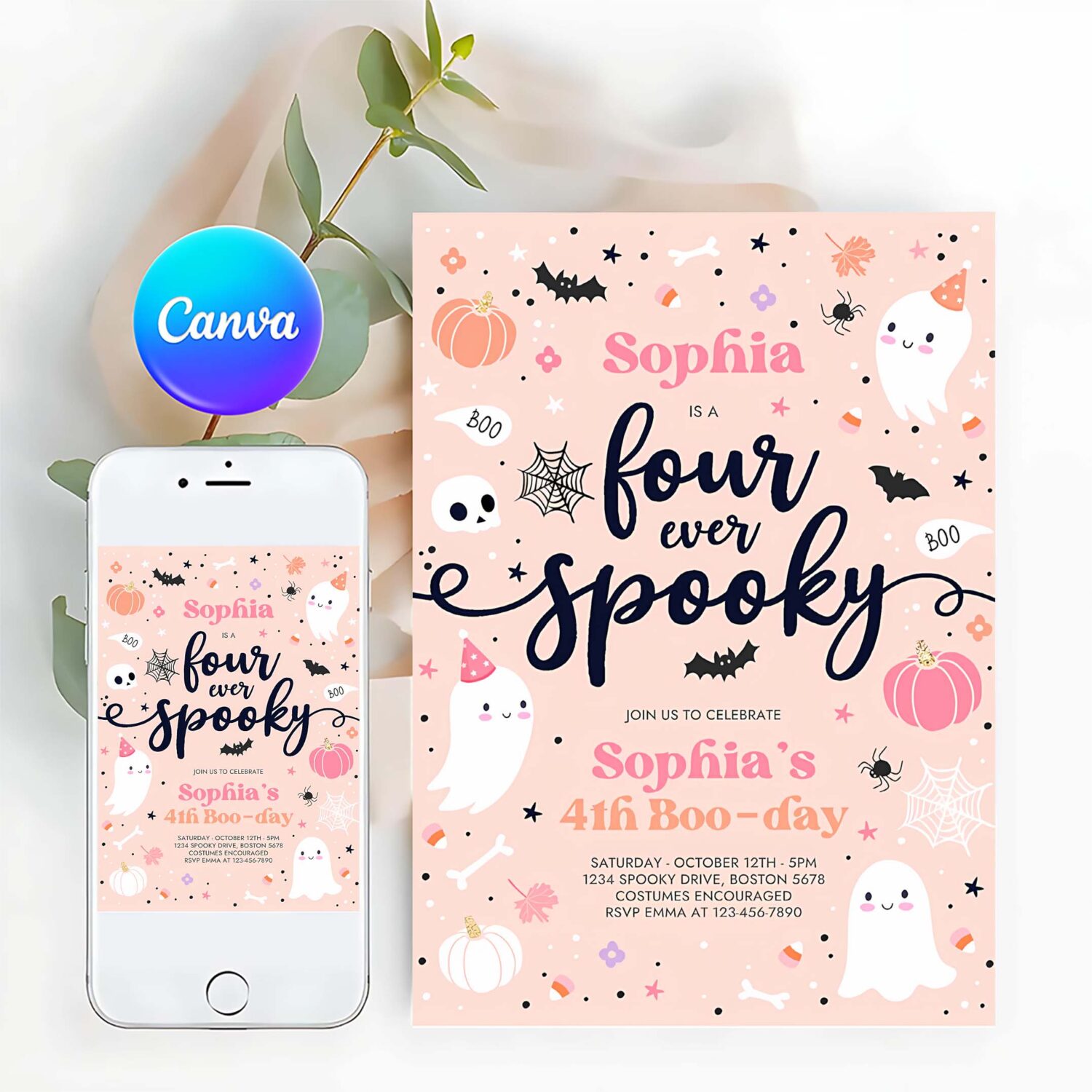Editable four ever spooky halloween ghost 4th birthday party invitation cute pink ghost 3rd birthday spooktacular party instant download ds