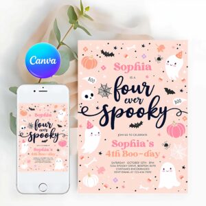 Four Ever Spooky Invitation, Four Ever Spooky Halloween Ghost 4th Birthday Party Invitation Cute Pink Ghost 3rd Birthday Spooktacular Party