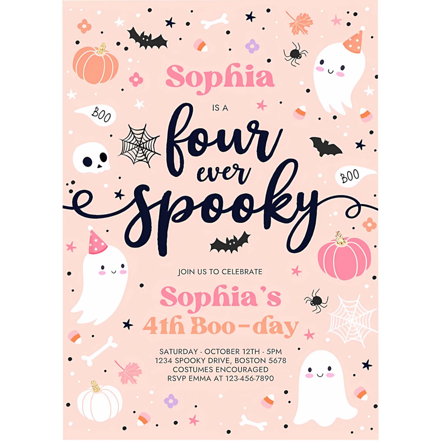 Editable four ever spooky halloween ghost 4th birthday party invitation cute pink ghost 3rd birthday spooktacular party instant download ds 4