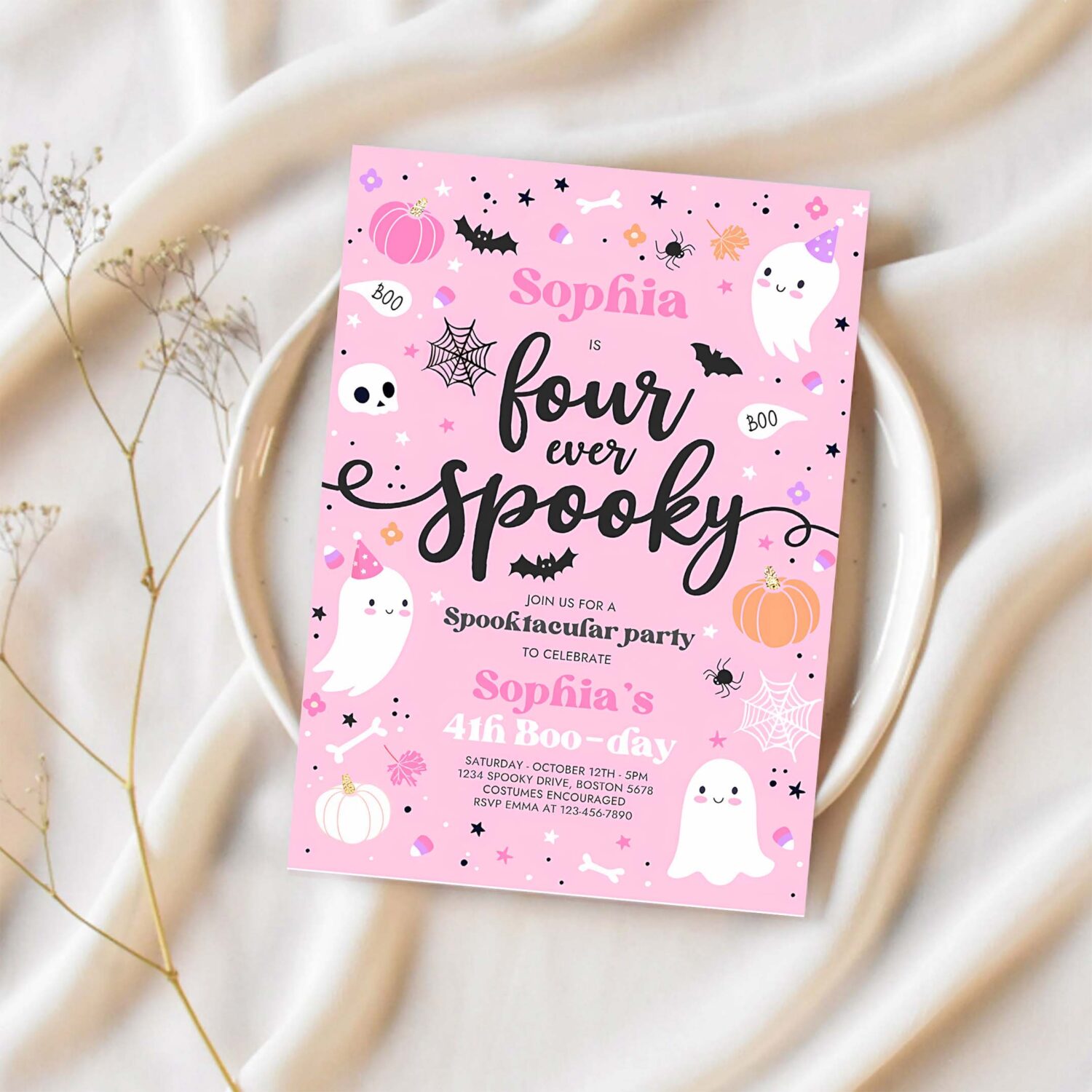 Editable four ever spooky halloween ghost 4th birthday party invitation cute pink ghost 3rd birthday spooktacular party instant download f4 1