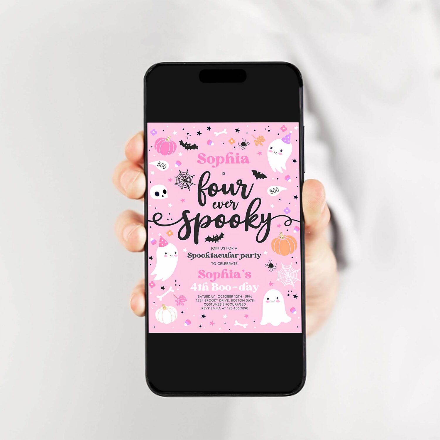 Editable four ever spooky halloween ghost 4th birthday party invitation cute pink ghost 3rd birthday spooktacular party instant download f4 2