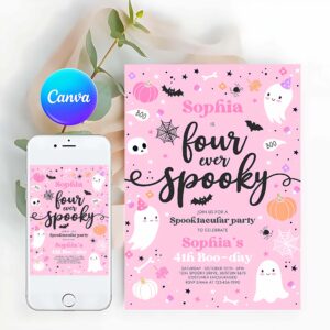 Four Ever Spooky Invitation, Four Ever Spooky Halloween Ghost 4th Birthday Party Invitation Cute Pink Ghost 3rd Birthday Spooktacular Party