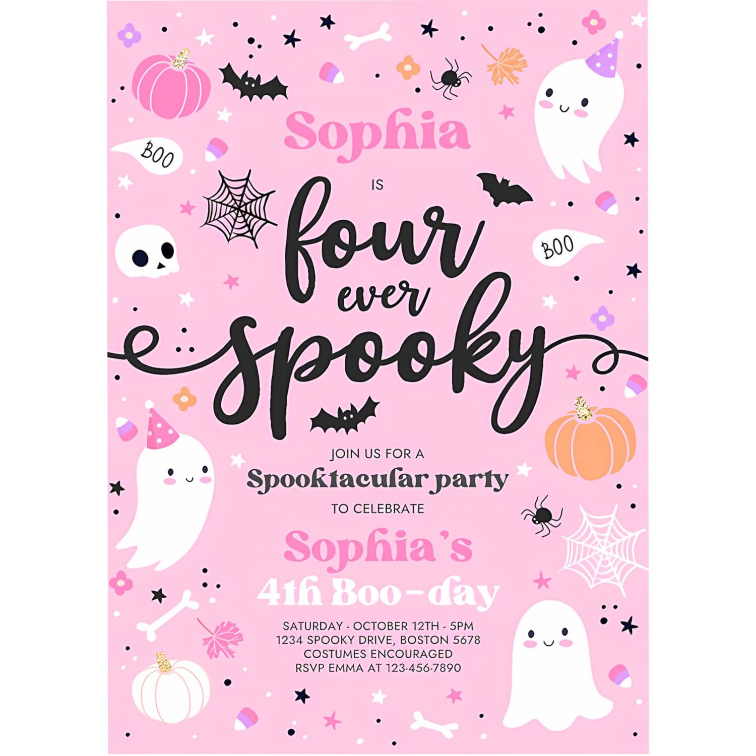 Editable four ever spooky halloween ghost 4th birthday party invitation cute pink ghost 3rd birthday spooktacular party instant download f4 4