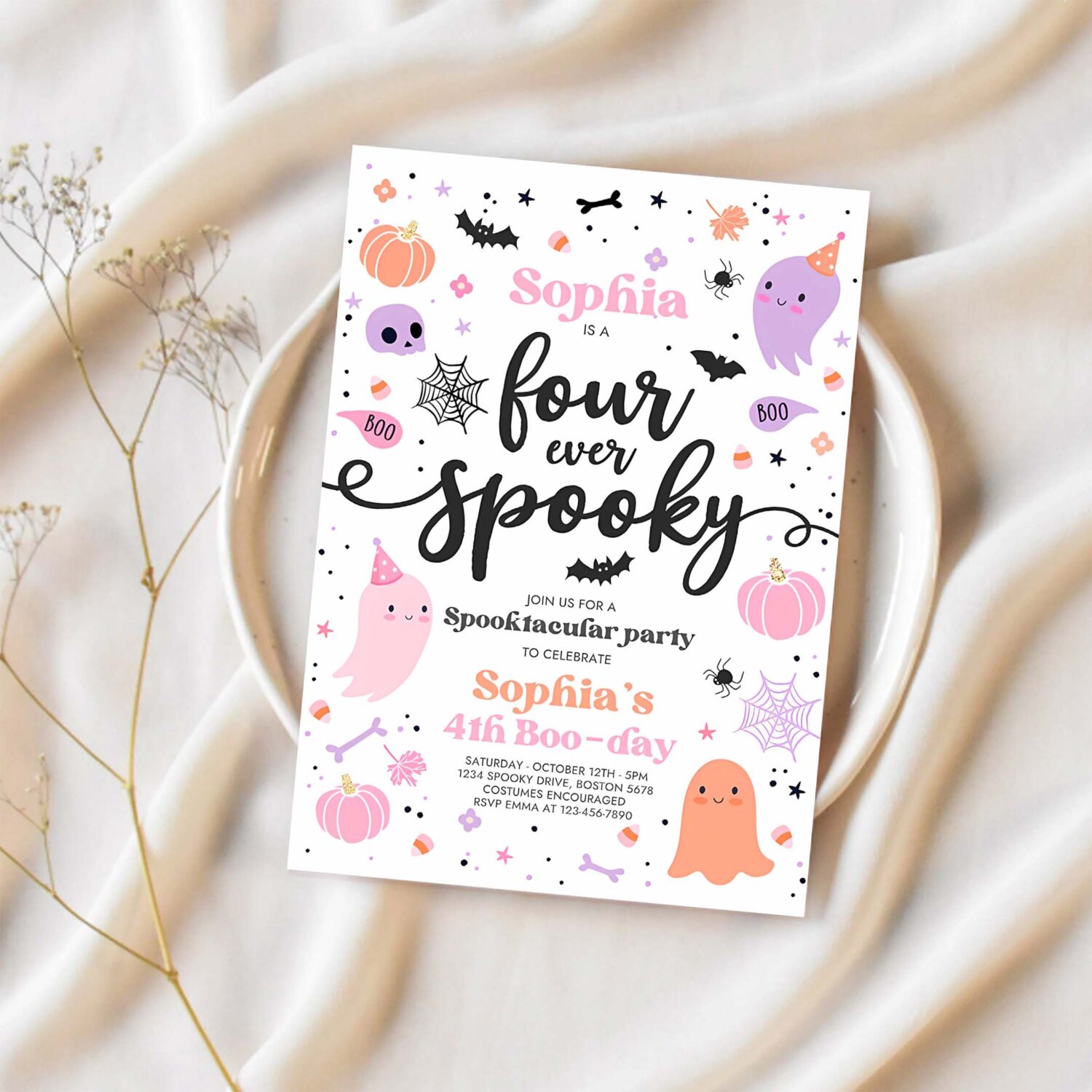 Editable four ever spooky halloween ghost 4th birthday party invitation cute pink ghost 3rd birthday spooktacular party instant download f6 1