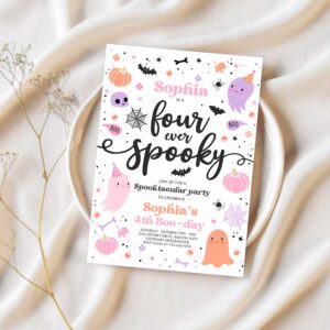Editable four ever spooky halloween ghost 4th birthday party invitation cute pink ghost 3rd birthday spooktacular party instant download f6 1