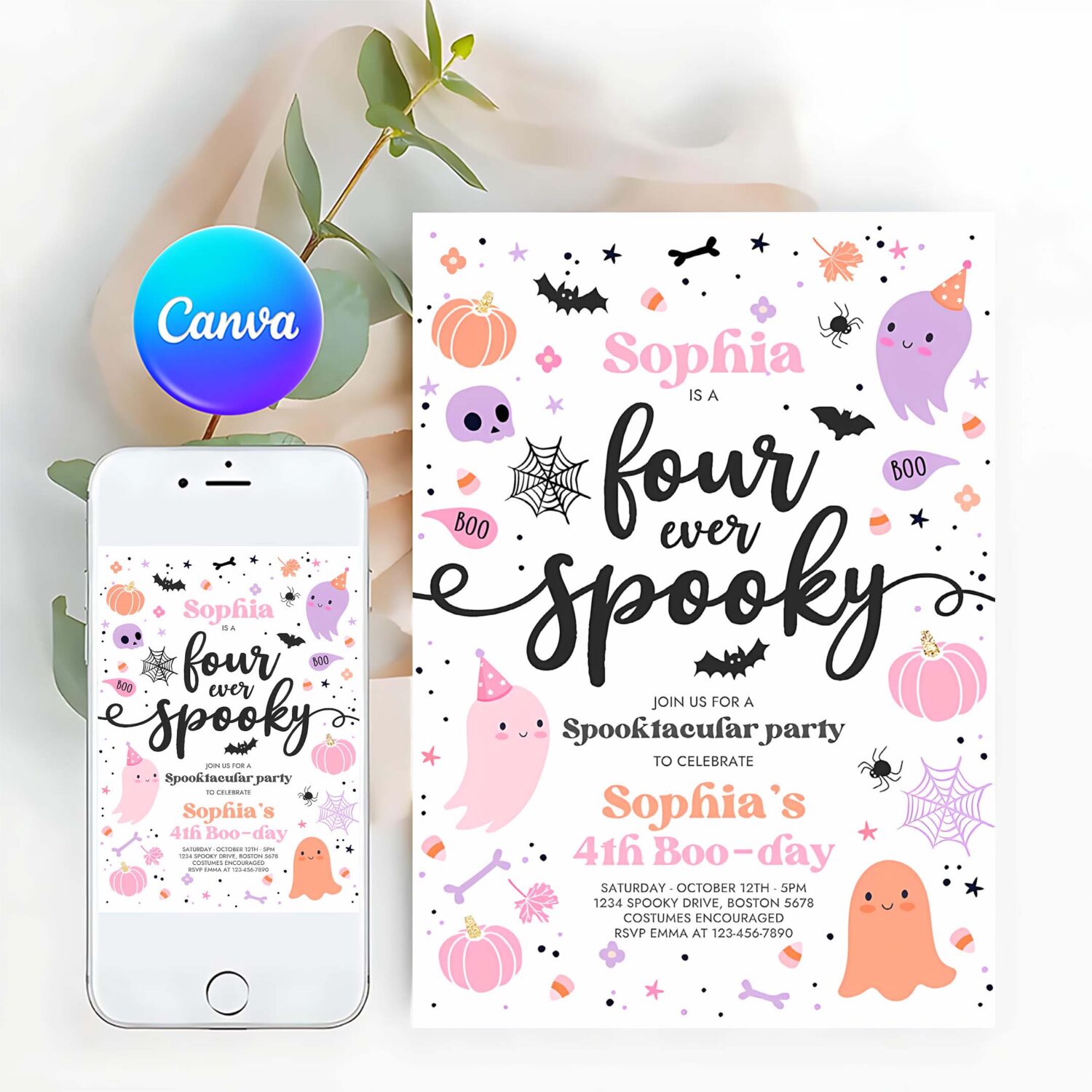 Editable four ever spooky halloween ghost 4th birthday party invitation cute pink ghost 3rd birthday spooktacular party instant download f6