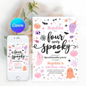 Four Ever Spooky Invitation, Four Ever Spooky Halloween Ghost 4th Birthday Party Invitation Cute Pink Ghost 3rd Birthday Spooktacular Party