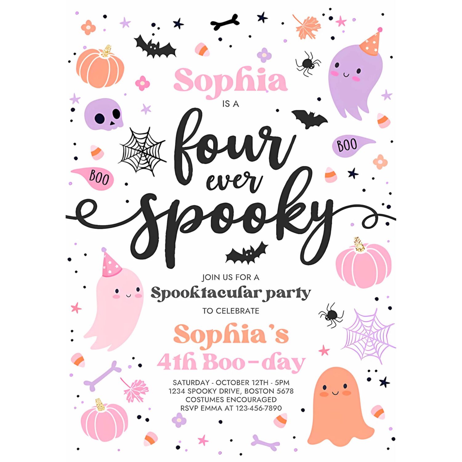 Editable four ever spooky halloween ghost 4th birthday party invitation cute pink ghost 3rd birthday spooktacular party instant download f6 4