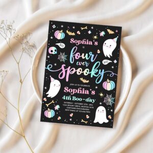 Editable four ever spooky halloween ghost 4th birthday party invitation cute pink ghost 4th birthday spooktacular party instant download dq 1