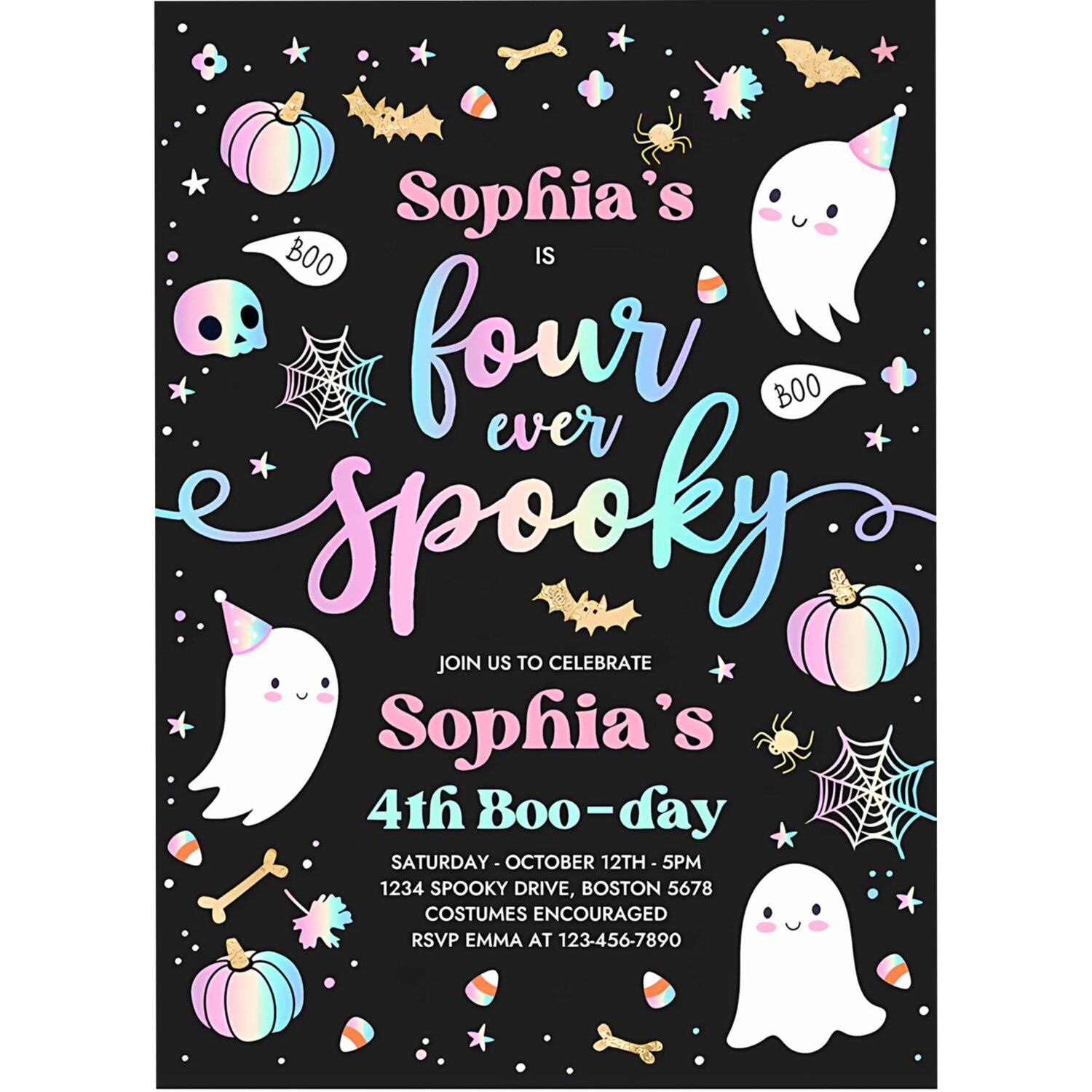 Editable four ever spooky halloween ghost 4th birthday party invitation cute pink ghost 4th birthday spooktacular party instant download dq 4