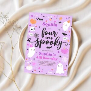 Editable four ever spooky halloween ghost 4th birthday party invitation purple ghost 4th birthday spooktacular party instant download l1 1