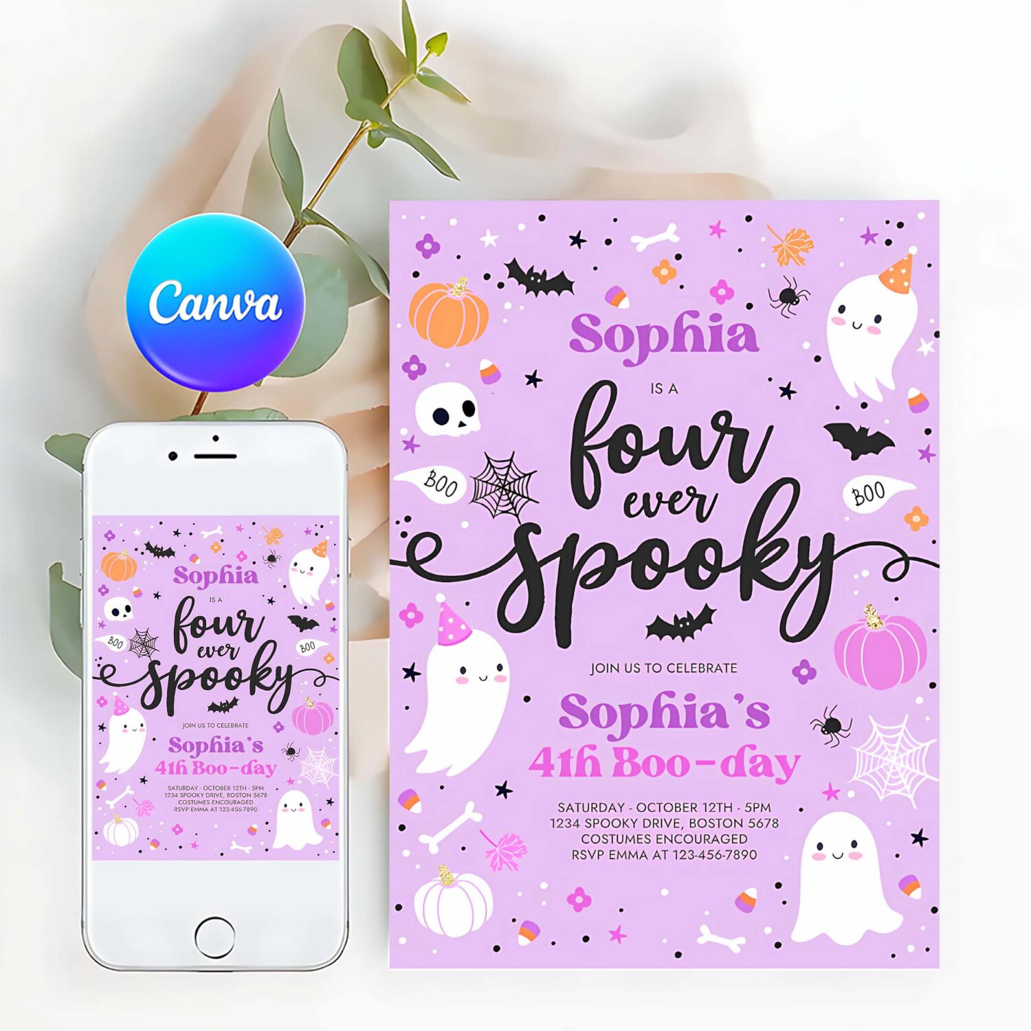 Editable four ever spooky halloween ghost 4th birthday party invitation purple ghost 4th birthday spooktacular party instant download l1