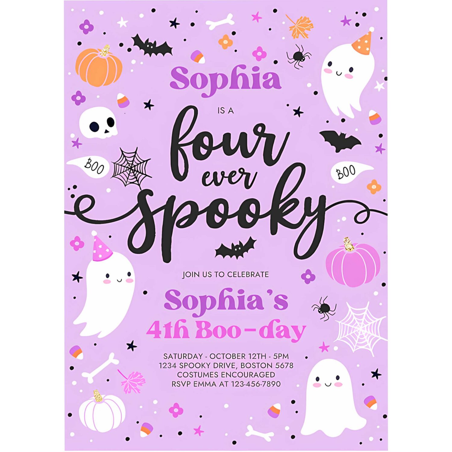 Editable four ever spooky halloween ghost 4th birthday party invitation purple ghost 4th birthday spooktacular party instant download l1 4
