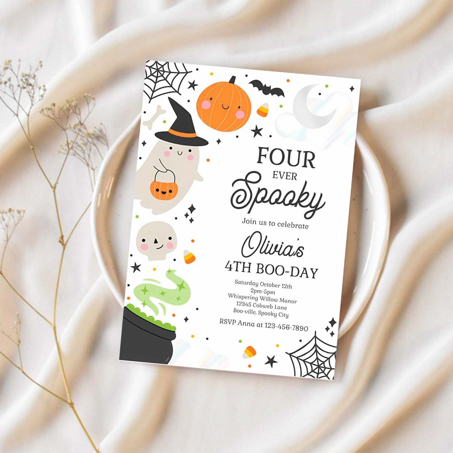 Editable four ever spooky halloween ghost 4th birthday party invitation spooktacular ghost halloween birthday party instant download 4w2 1