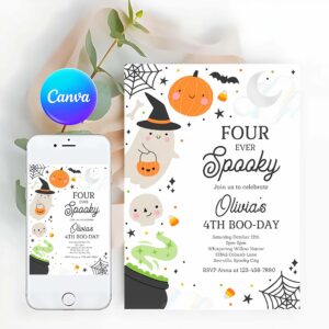 Four Ever Spooky Invitation, Four Ever Spooky Halloween Ghost 4th Birthday Party Invitation Spooktacular Ghost Halloween Birthday Party