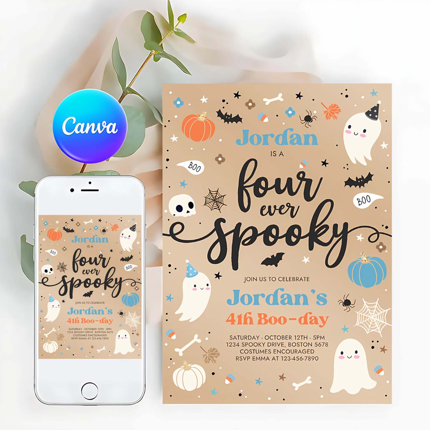 Editable four ever spooky halloween ghost 4th birthday party invitation vintage ghost 3rd birthday spooktacular party instant download di