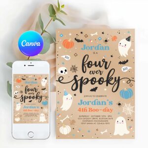 Four Ever Spooky Invitation, Four Ever Spooky Halloween Ghost 4th Birthday Party Invitation Vintage Ghost 3rd Birthday Spooktacular Party