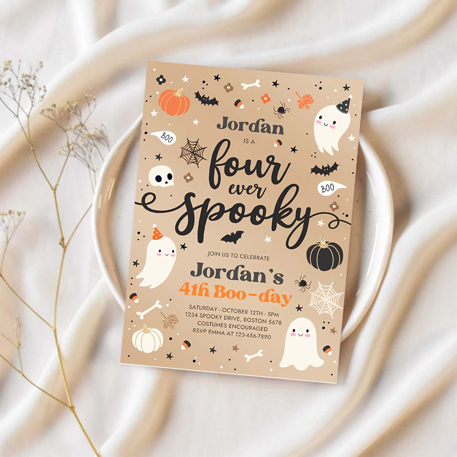 Editable four ever spooky halloween ghost 4th birthday party invitation vintage ghost 3rd birthday spooktacular party instant download t2 1