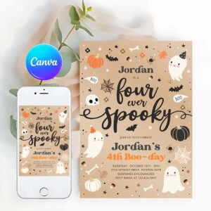 Four Ever Spooky Invitation, Four Ever Spooky Halloween Ghost 4th Birthday Party Invitation Vintage Ghost 3rd Birthday Spooktacular Party