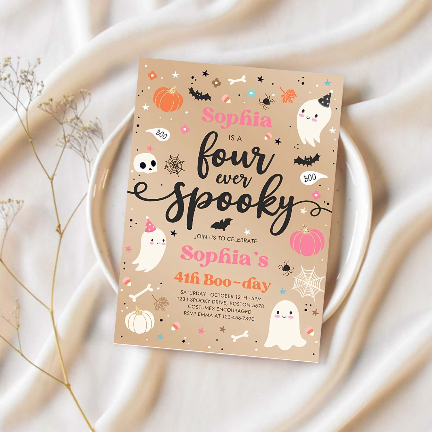 Editable four ever spooky halloween ghost 4th birthday party invitation vintage ghost 4th birthday spooktacular party instant download f8u 1