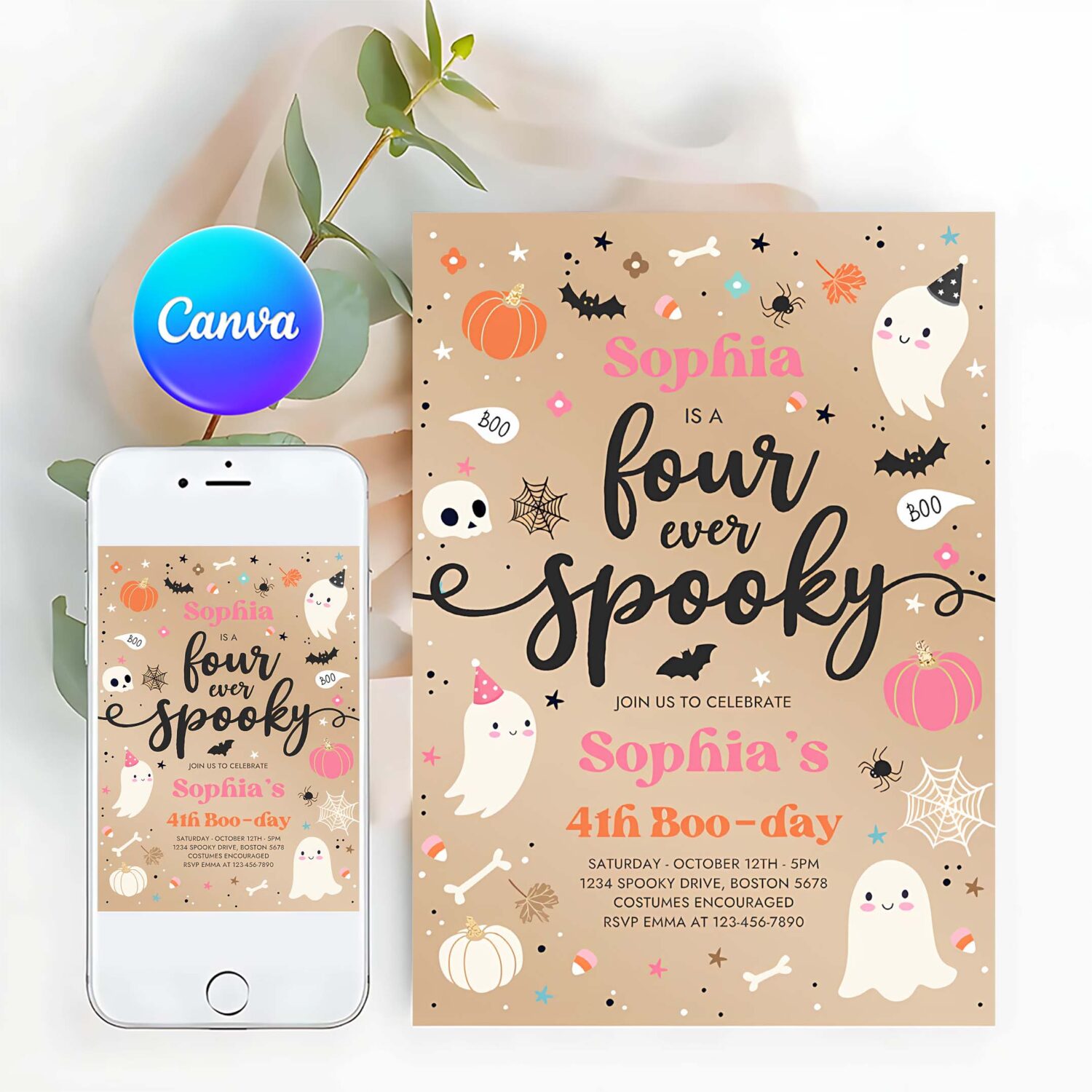 Editable four ever spooky halloween ghost 4th birthday party invitation vintage ghost 4th birthday spooktacular party instant download f8u