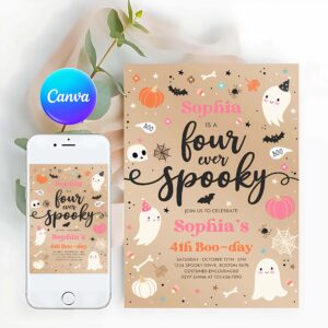 Four Ever Spooky Invitation, Four Ever Spooky Halloween Ghost 4th Birthday Party Invitation Vintage Ghost 4th Birthday Spooktacular Party