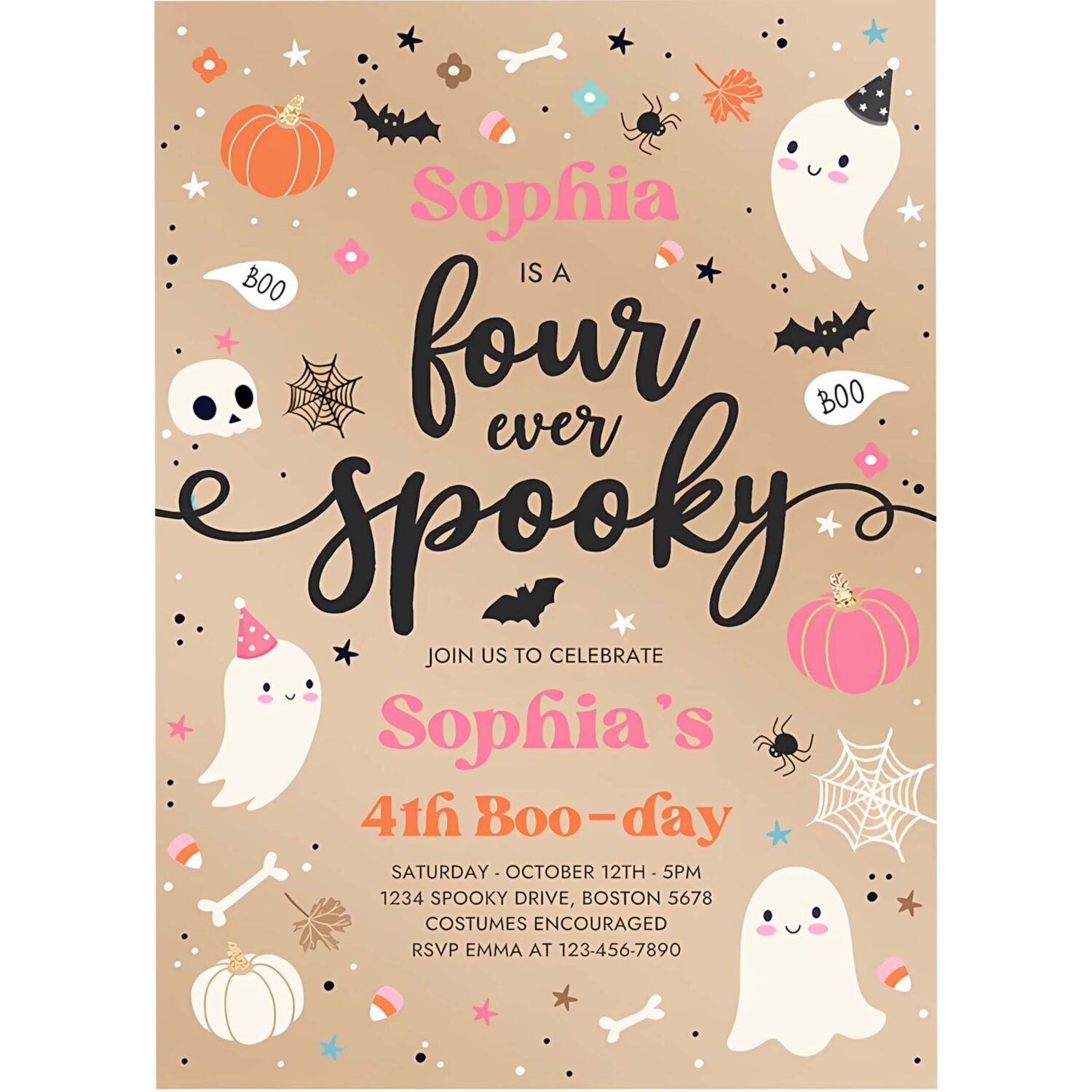 Editable four ever spooky halloween ghost 4th birthday party invitation vintage ghost 4th birthday spooktacular party instant download f8u 4